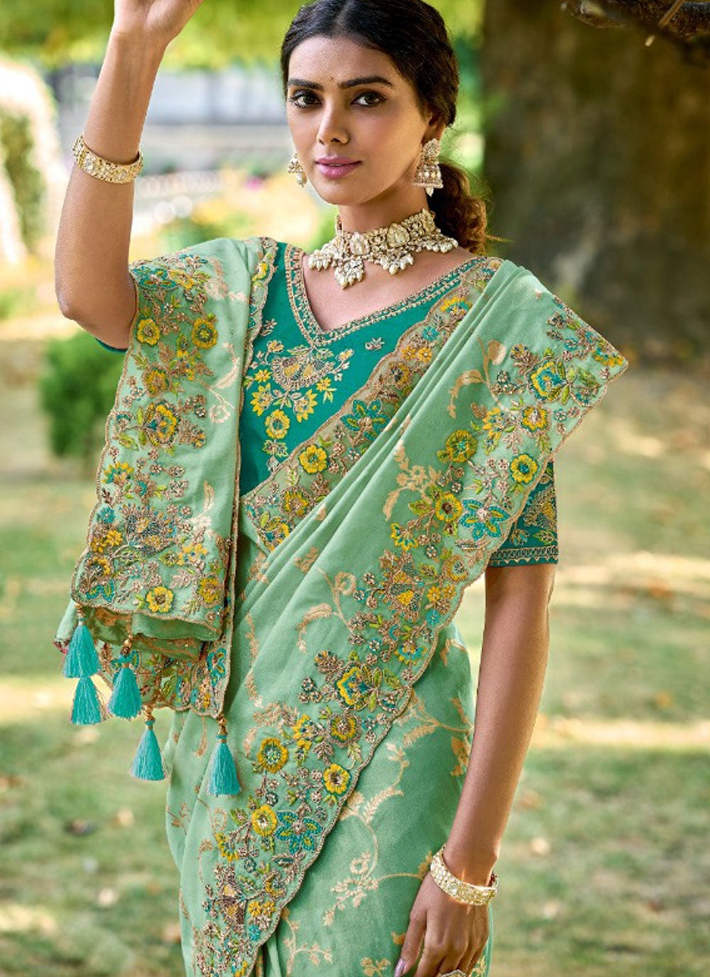Sea Green Contemporary Sari With Embroidered, Hand, Sequins And Stone Work
