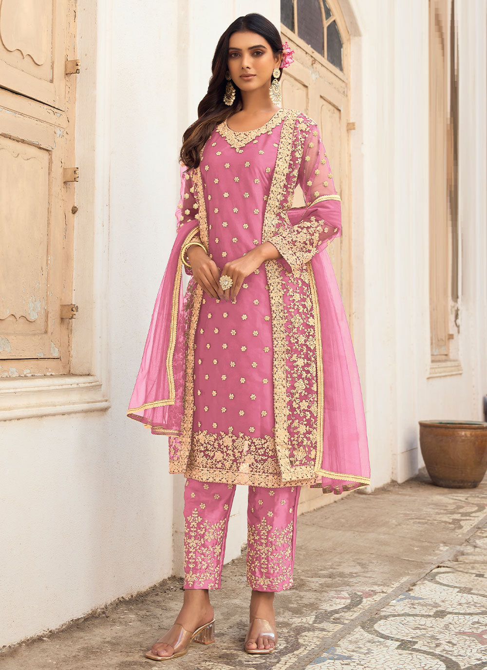 Embroidered Pink Net Trendy Salwar Suit