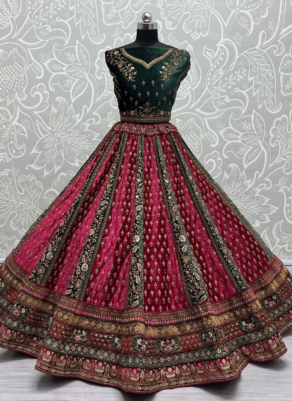Wedding Rani Velvet Lehenga Choli With Dori, Embroidered, Sequins 
