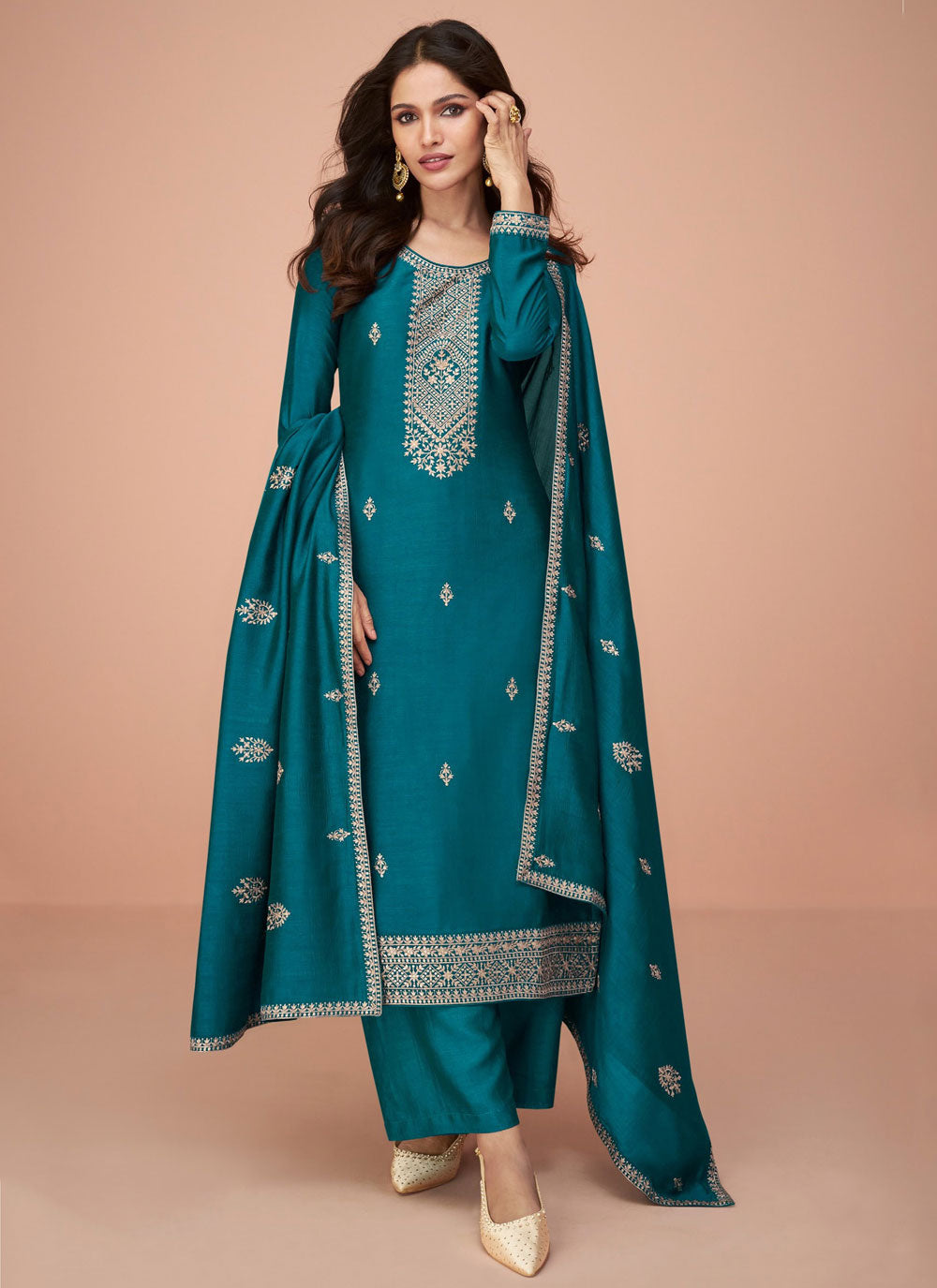 Embroidered And Sequins Work Silk Trendy Suit In Teal
