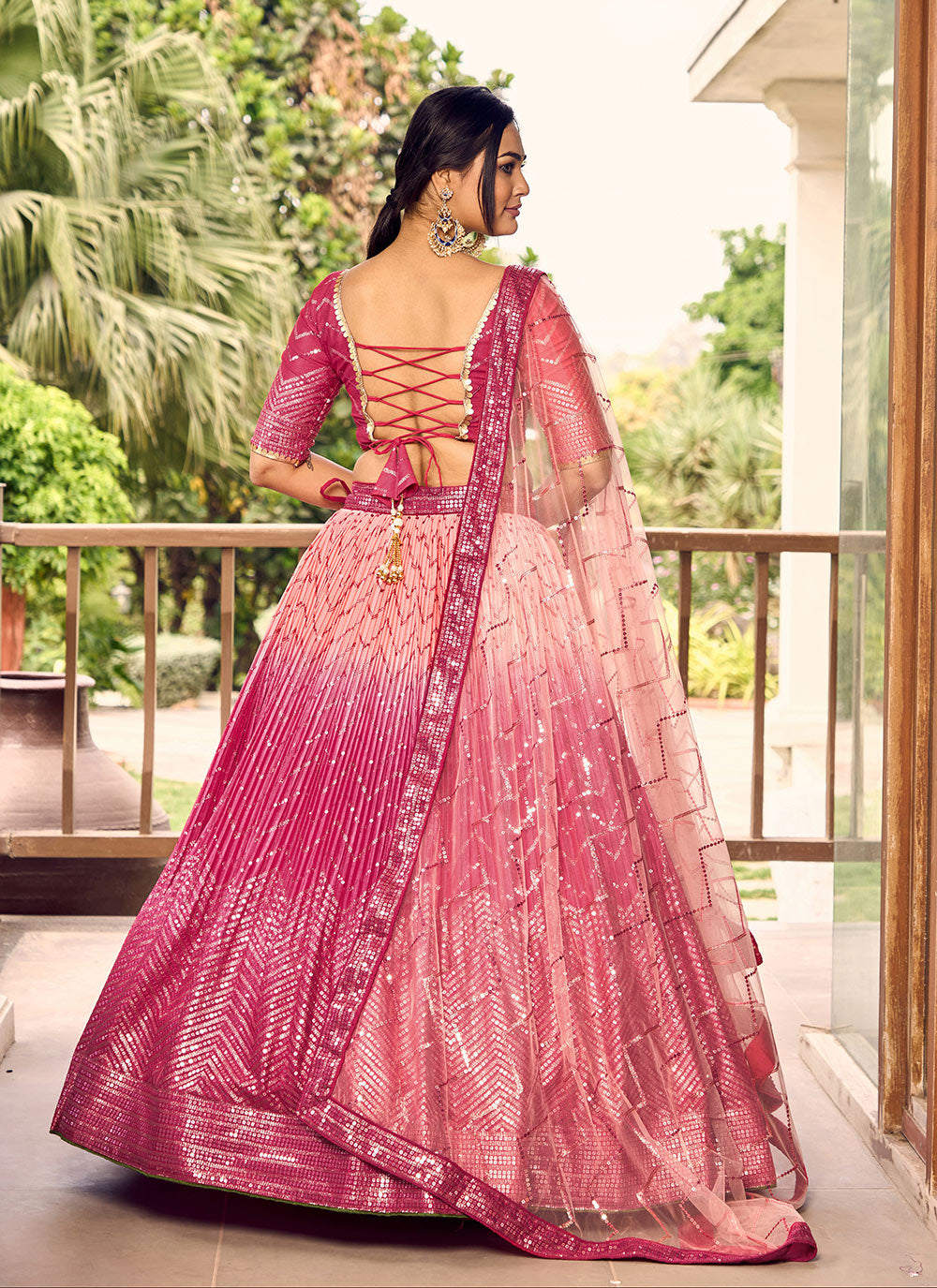 Embroidered, Sequins And Thread Work Chinon A - Line Lehenga Choli In Pink
