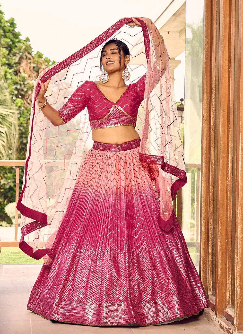 Embroidered, Sequins And Thread Work Chinon A - Line Lehenga Choli In Pink