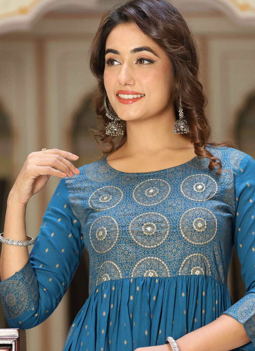 Blue Viscose Casual Kurti With Embroidered And Print Work For Women