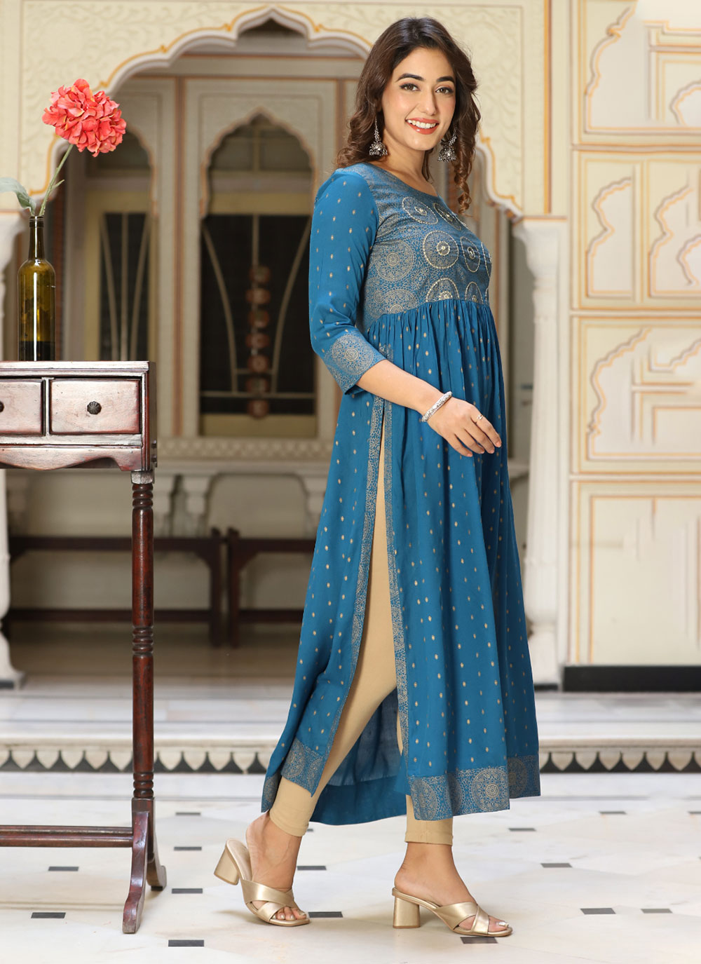 Blue Viscose Casual Kurti With Embroidered And Print Work For Women