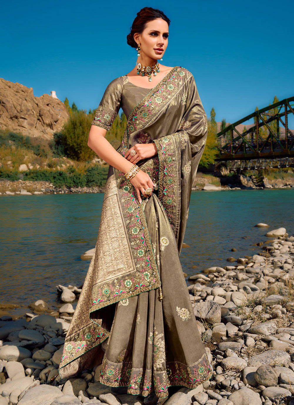 Banarasi Silk Contemporary Saree In Brown