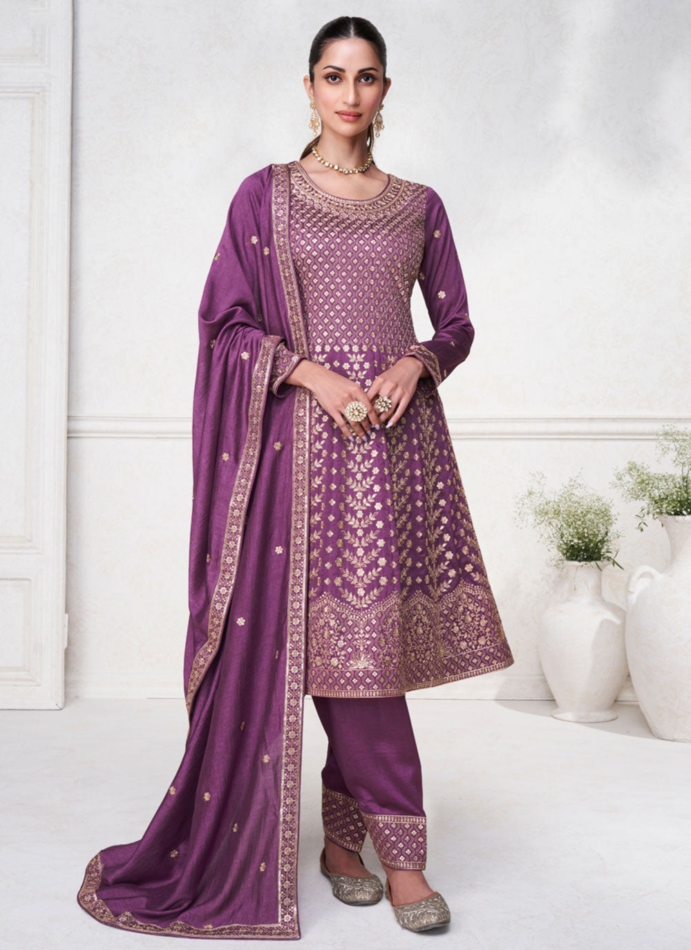 Purple Silk Salwar Suit With Embroidered Work