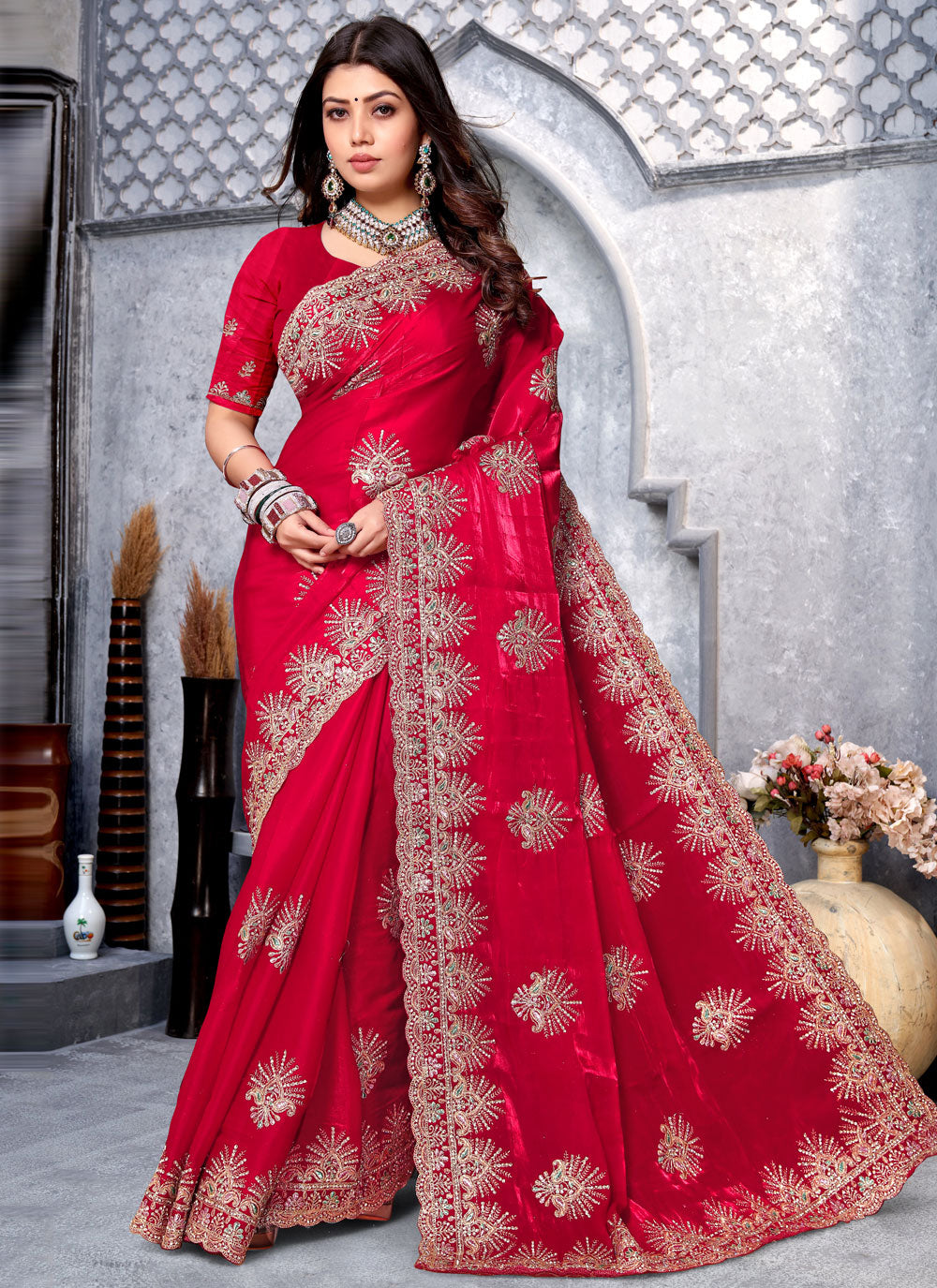 Hot Pink Crepe Silk Cord, Diamond And Embroidered Work Contemporary Saree For Party