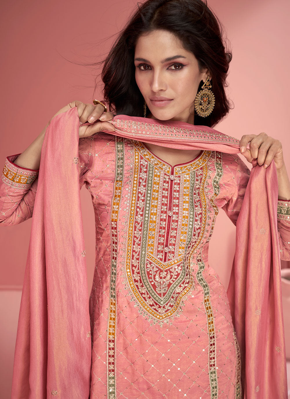 Peach Organza Salwar Suit With Embroidered Work