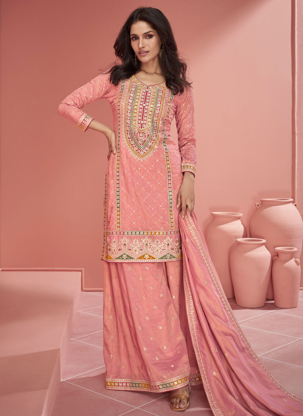 Peach Organza Salwar Suit With Embroidered Work