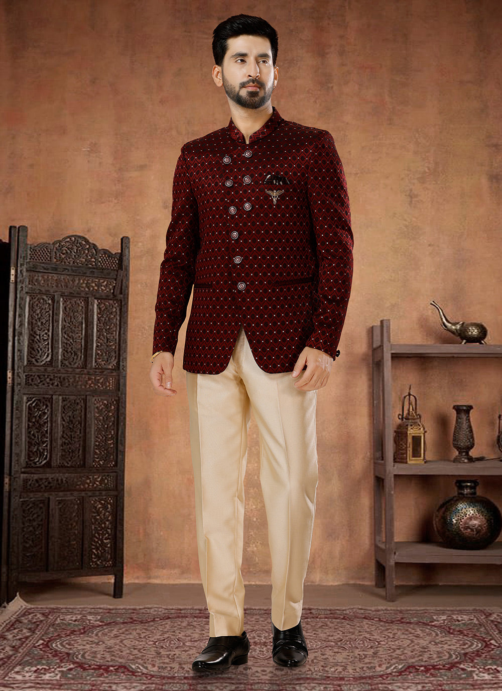 Jacquard Jodhpuri Suit With Fancy And Thread Work
