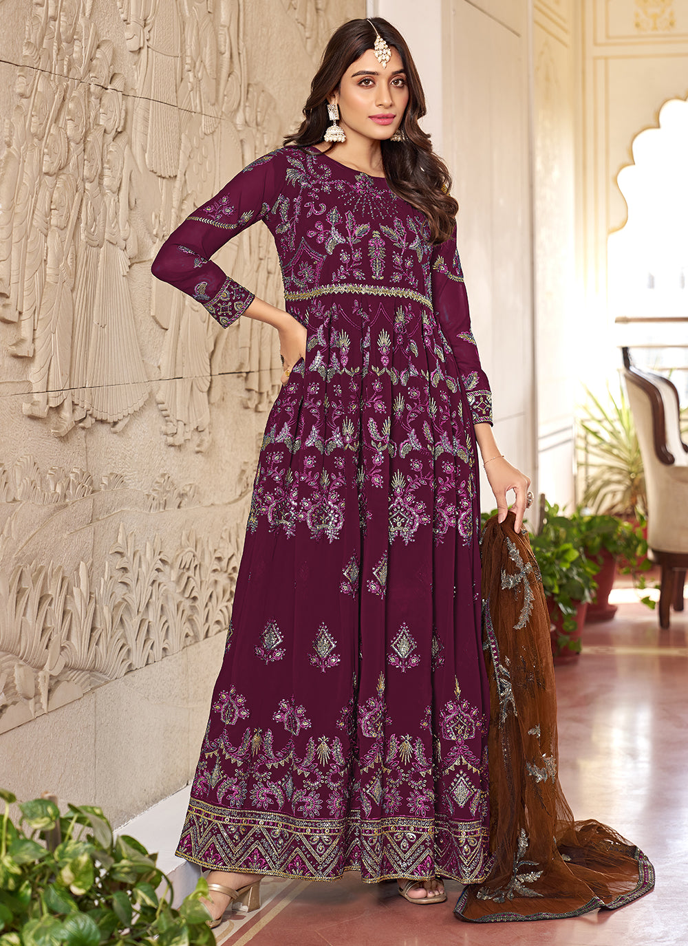 Purple Designer Gown With Embroidered And Sequins Work For Engagement