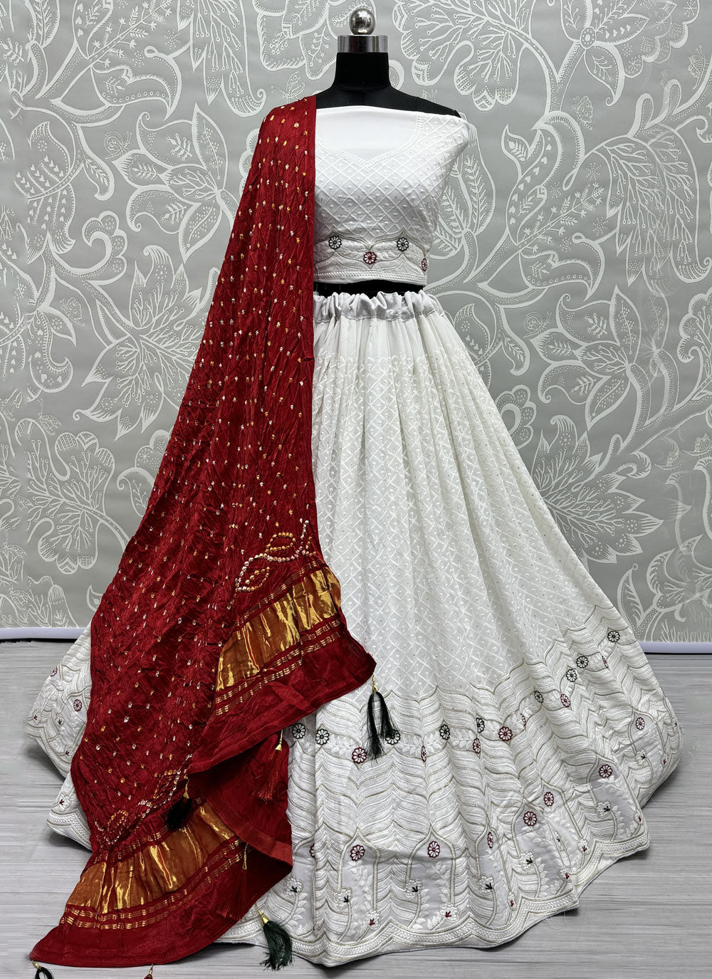 White Georgette A - Line Lehenga Choli With Lucknowi Work And Thread Work