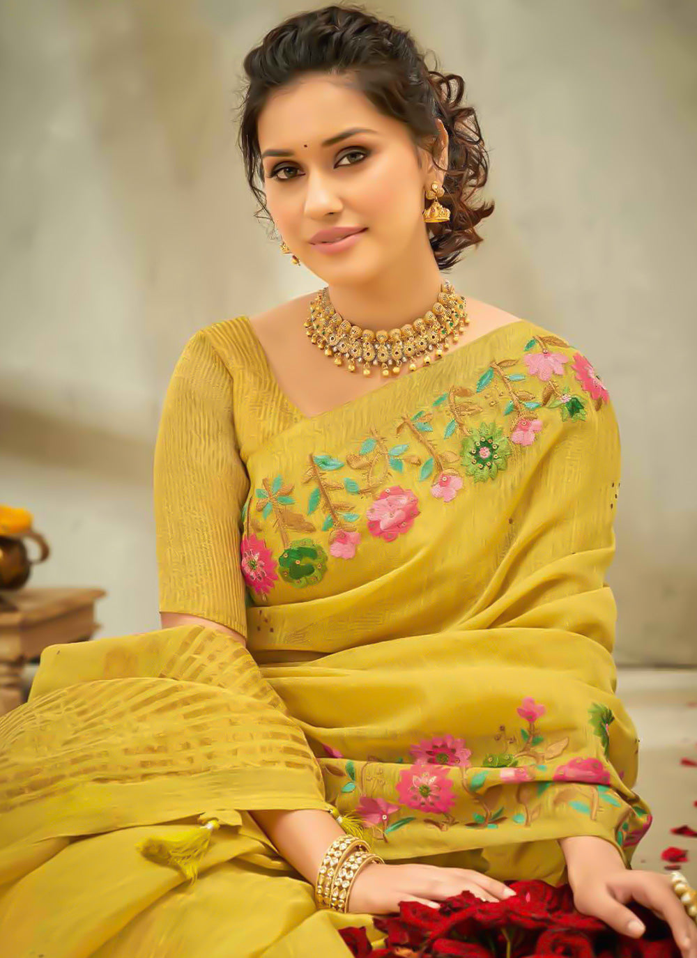 Linen Contemporary Saree In Yellow Color