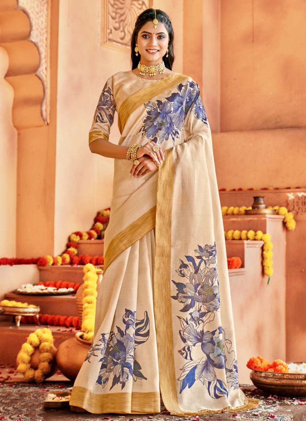 Charismatic Cream Silk Classic Sari With Digital Print Work