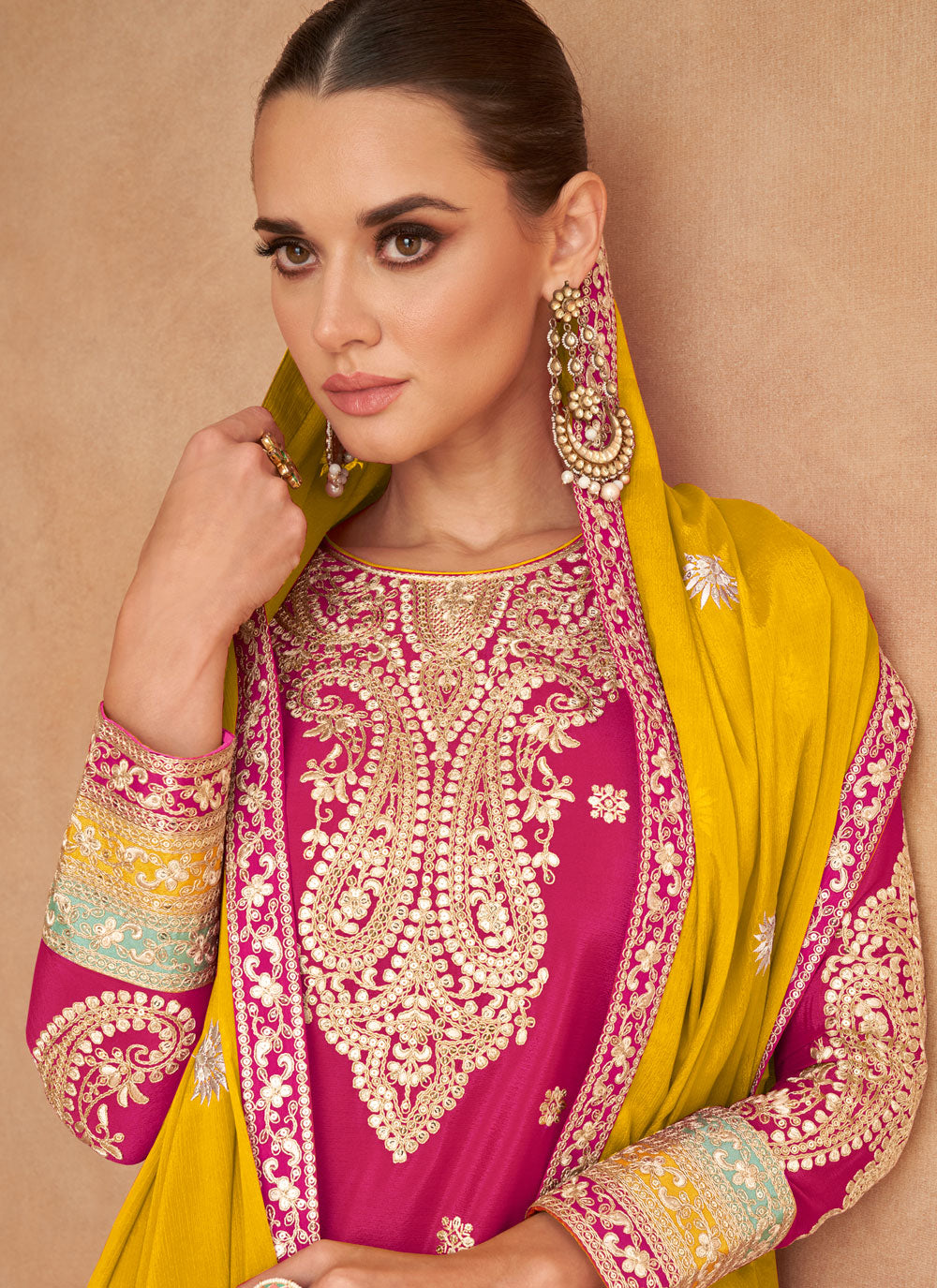 Pink Chinon Palazzo Salwar Suit With Embroidered And Sequins Work For Women