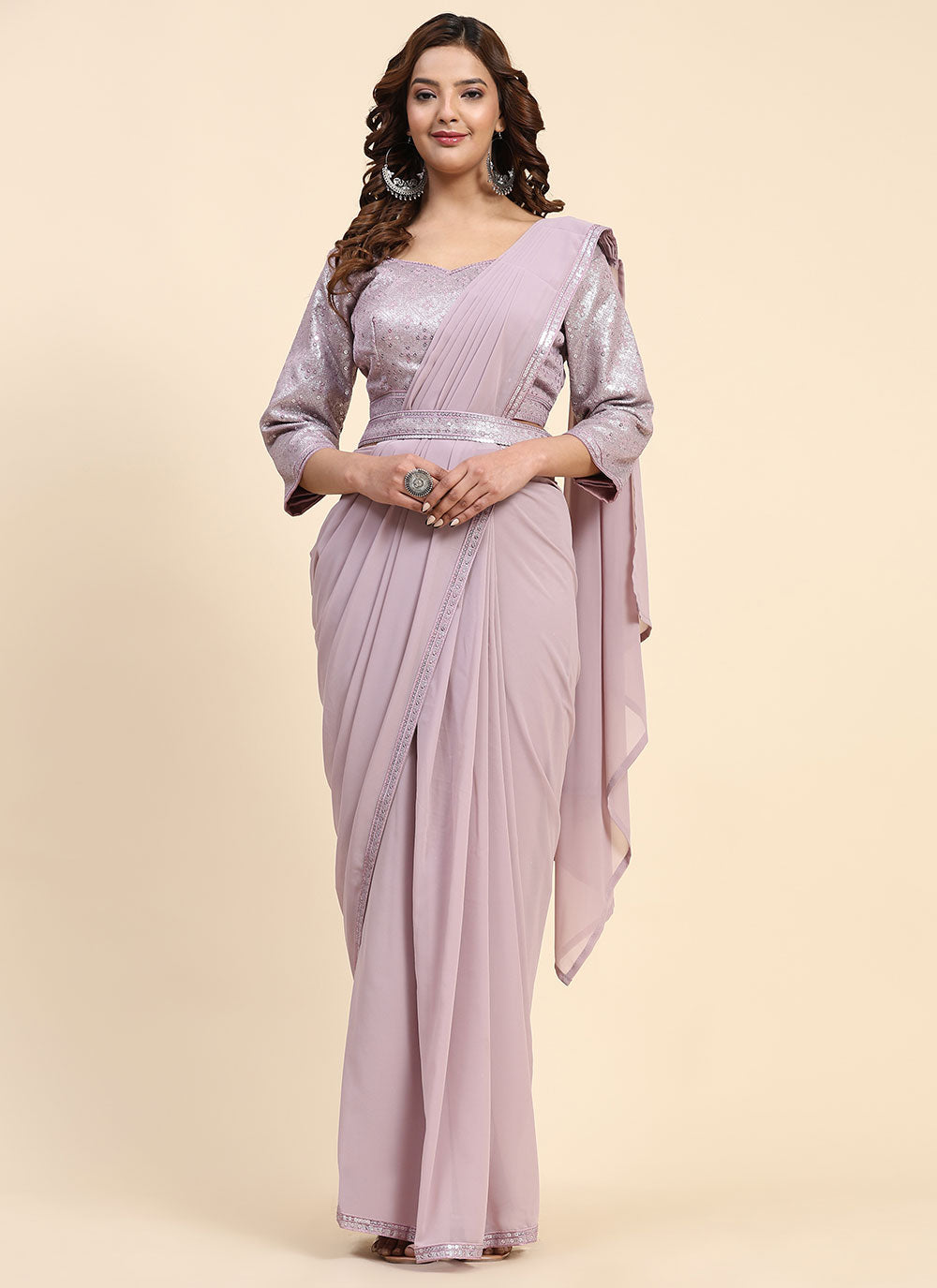 Lavender Georgette Designer Sari With Embroidered And Sequins Work For Women