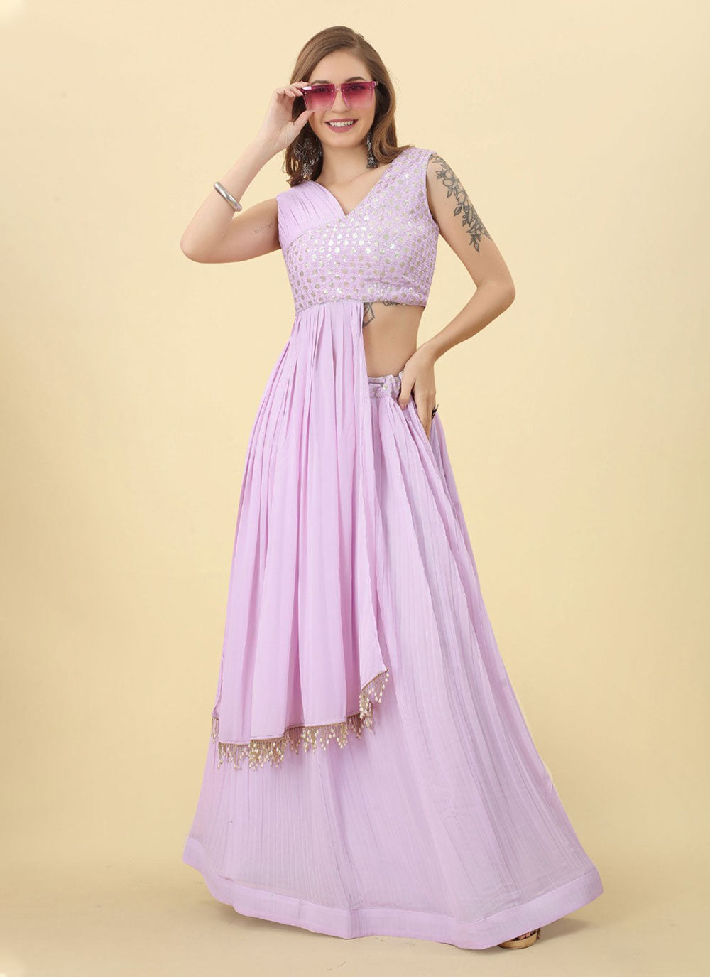 Lavender Georgette Readymade Lehenga Choli With Embroidered And Sequins Work