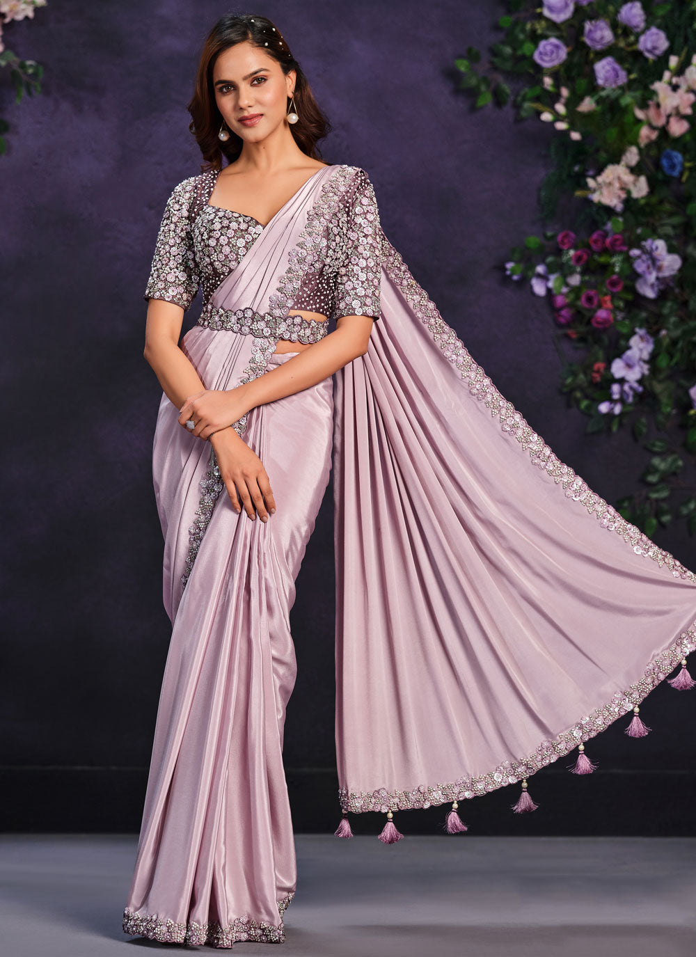 Lavender Pure Georgette Moti, Sequins And Thread Work Trendy Saree