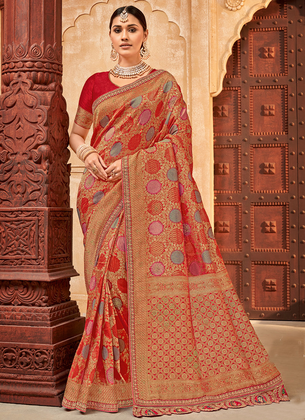 Red Silk Contemporary Saree With Patch Border And Embroidered Work