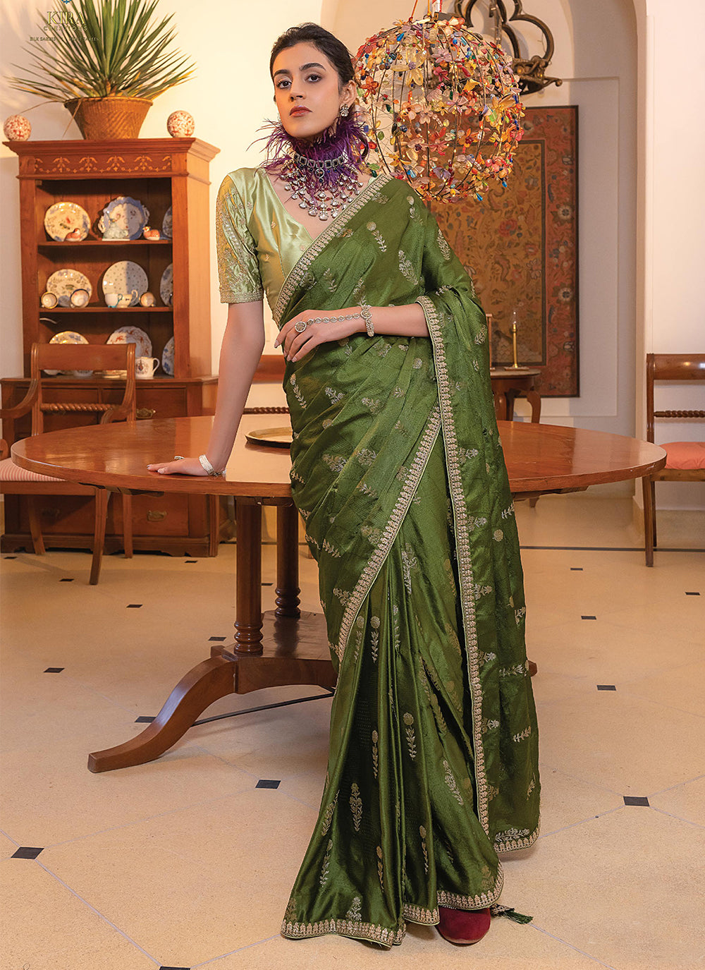 Embroidered Work Satin Trendy Saree In Green For Party