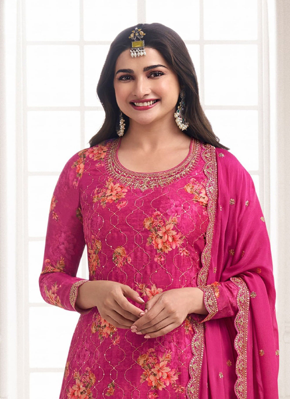 Chinon Palazzo Salwar Suit In Pink