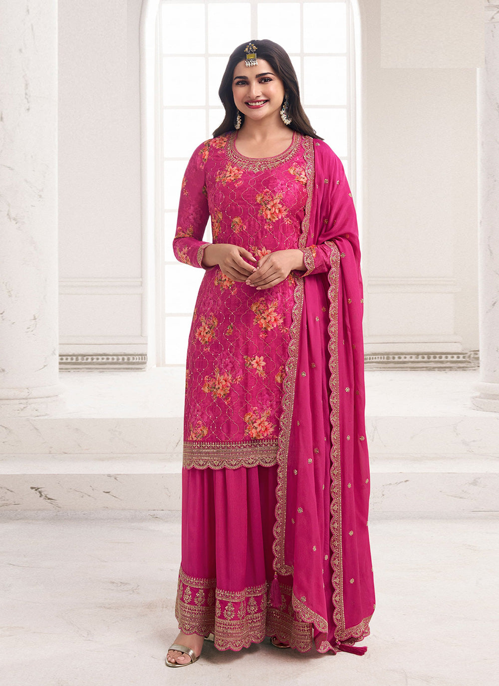 Chinon Palazzo Salwar Suit In Pink