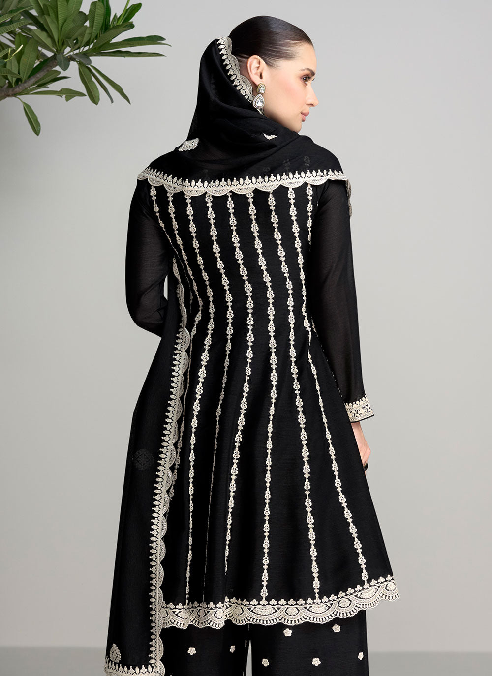 Embroidered Work Chinon Salwar Suit In Black For Ceremonial
