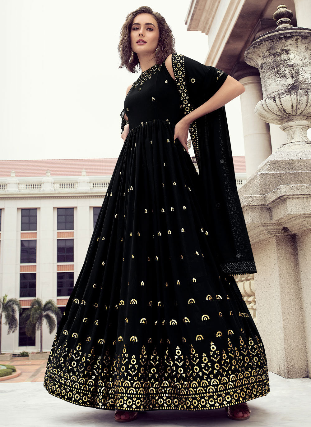Georgette Trendy Gown In Black Color