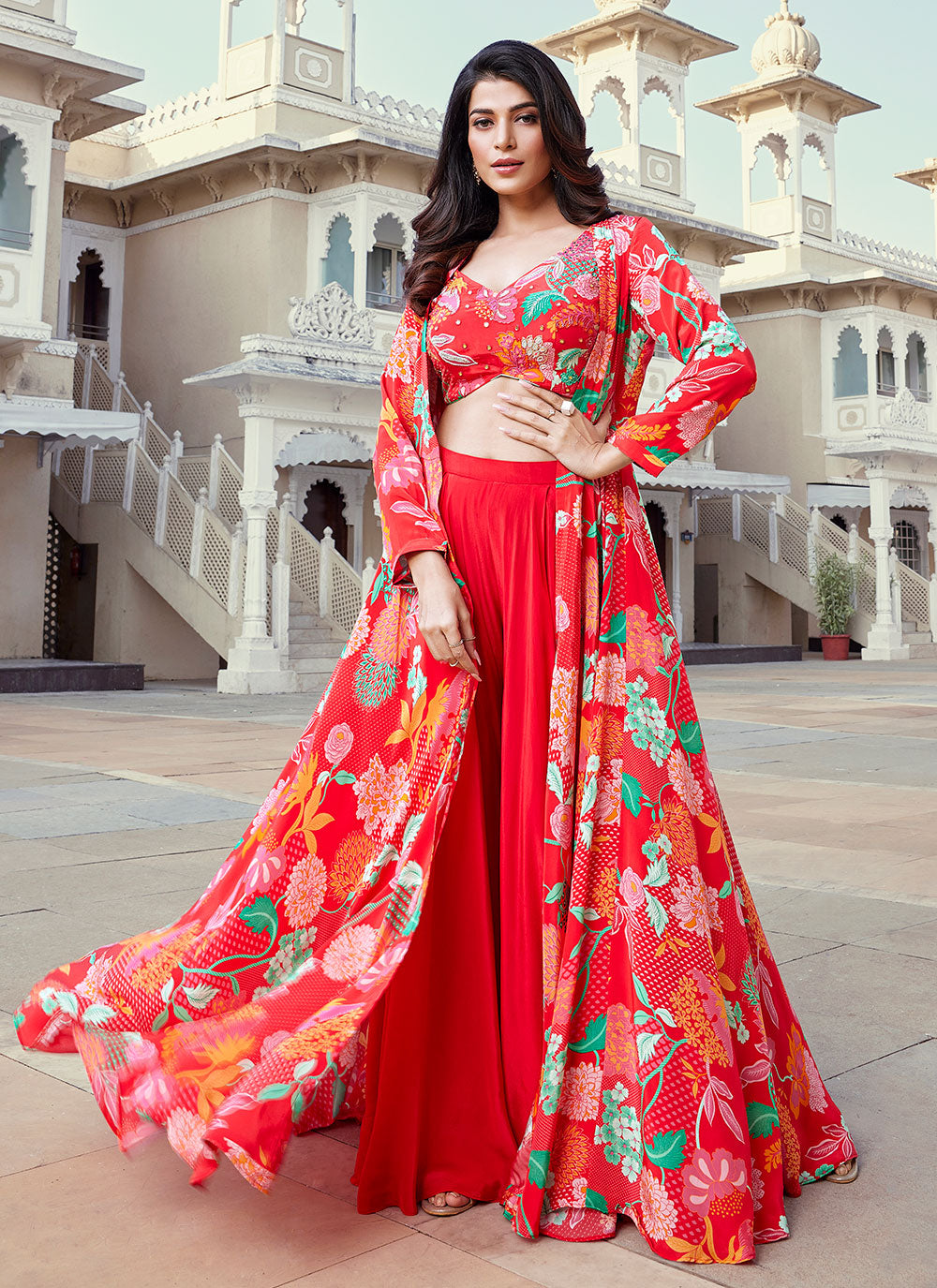 Red Georgette Embroidered And Print Work Palazzo Salwar Suit