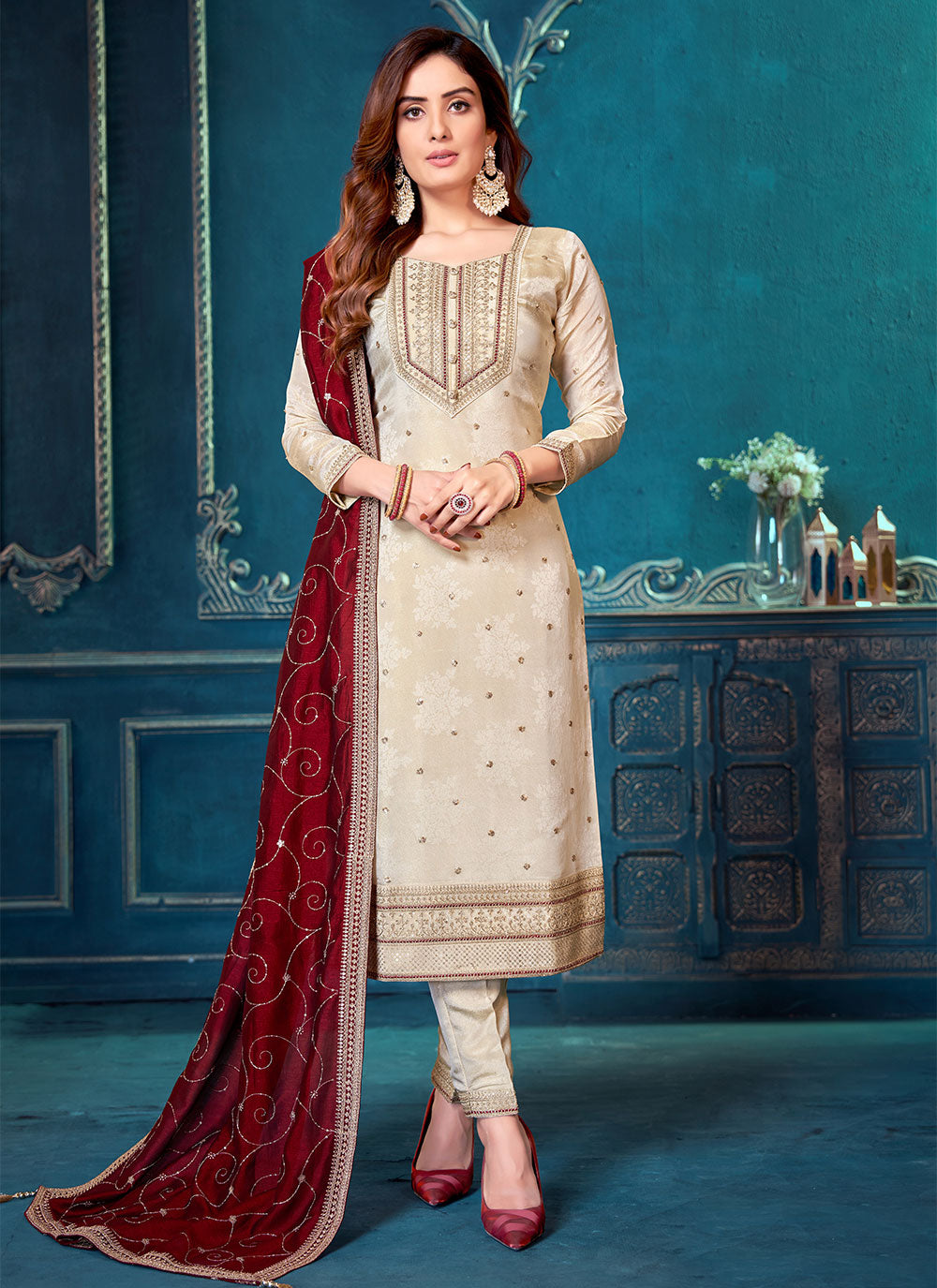 Embroidered Work Silk Pant Style Suit In Cream