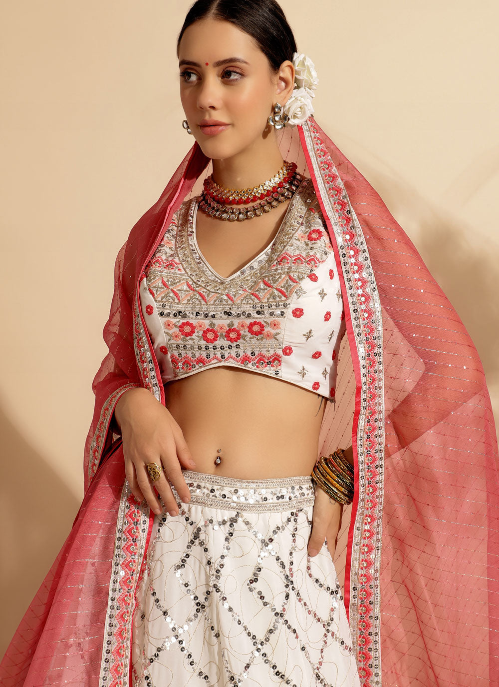 White Georgette Embroidered, Sequins And Thread Work Readymade Lehenga Choli For Women