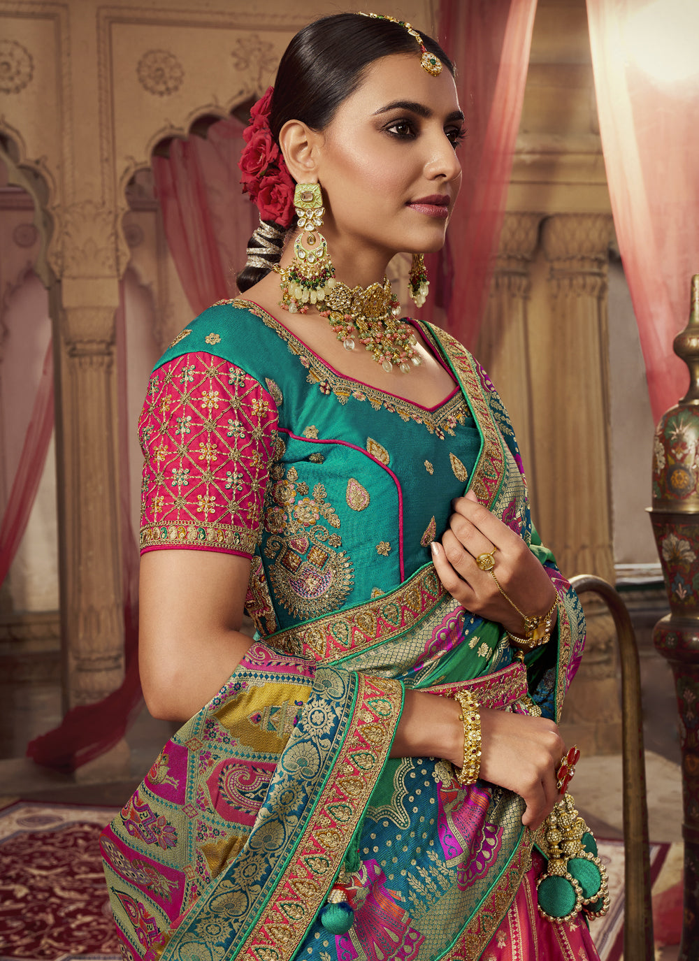 Multi Colour Zari Banarasi Silk Lehenga Choli For Bridal