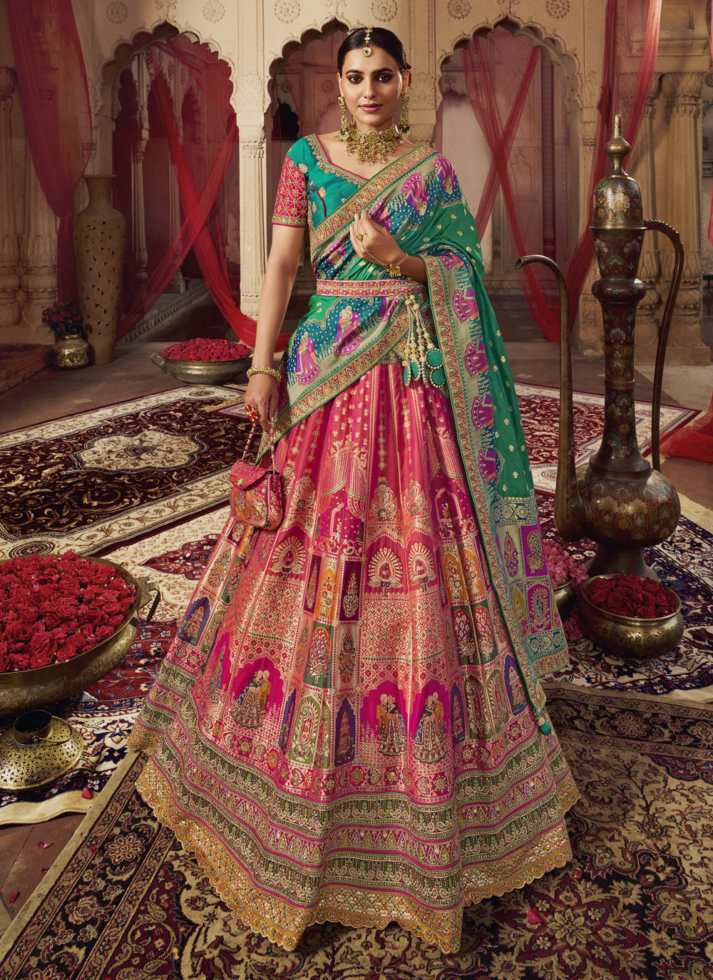 Multi Colour Zari Banarasi Silk Lehenga Choli For Bridal