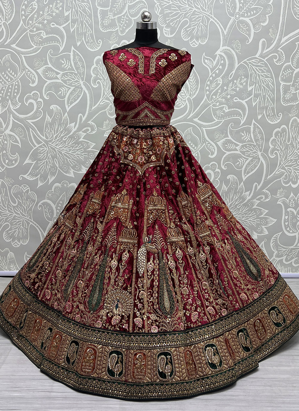 Maroon Wedding Lehenga Choli With Diamond, Dori, Embroidered, Patch Border, Sequins, Thread And Zari Work