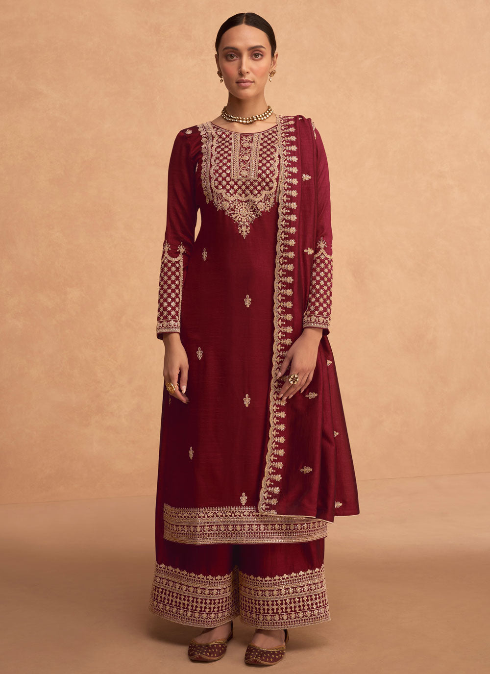 Desirable Maroon Silk Salwar Suit