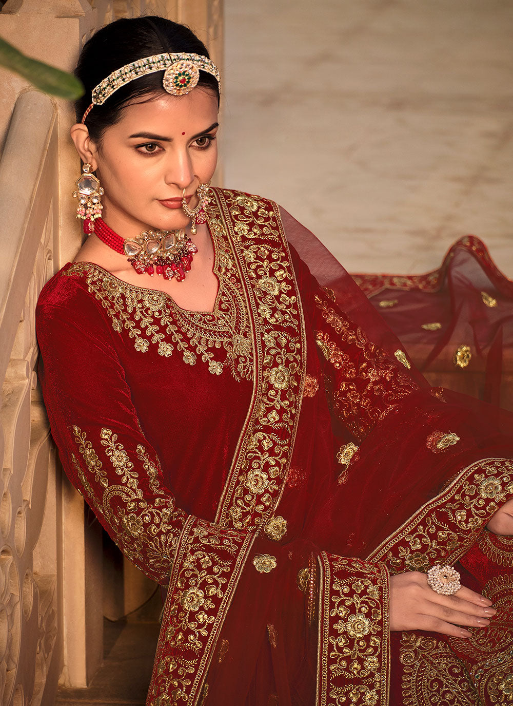 Red Embroidered Work Velvet Anarkali Suit