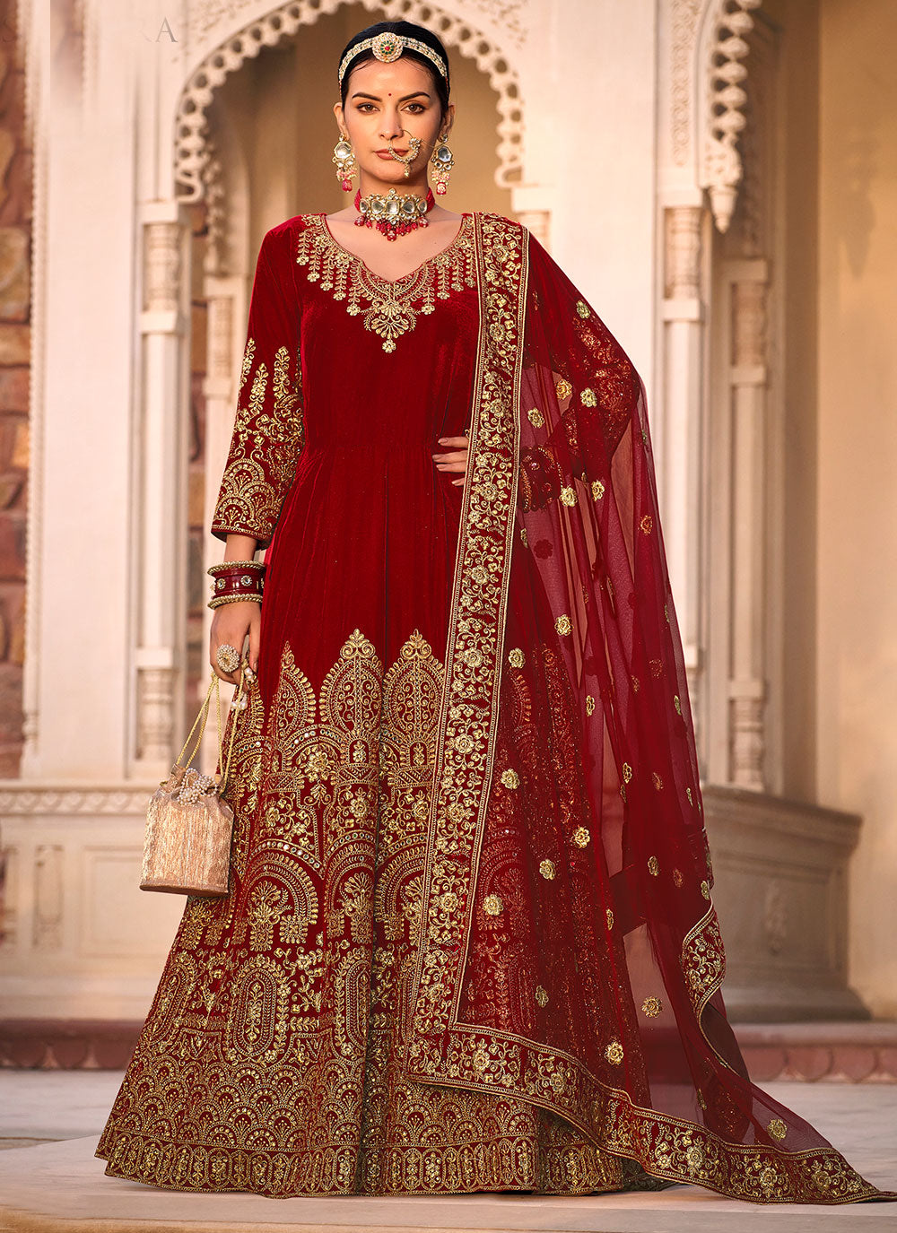 Red Embroidered Work Velvet Anarkali Suit