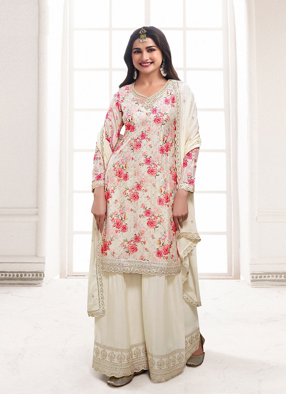 Cream Chinon Embroidered Work Palazzo Salwar Suit For Ceremonial