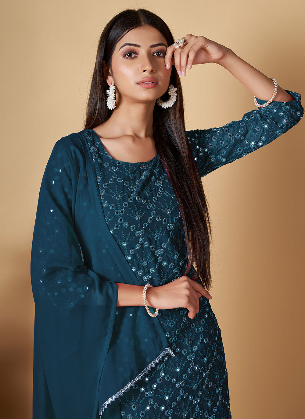 Sequins Georgette Teal Palazzo Suit