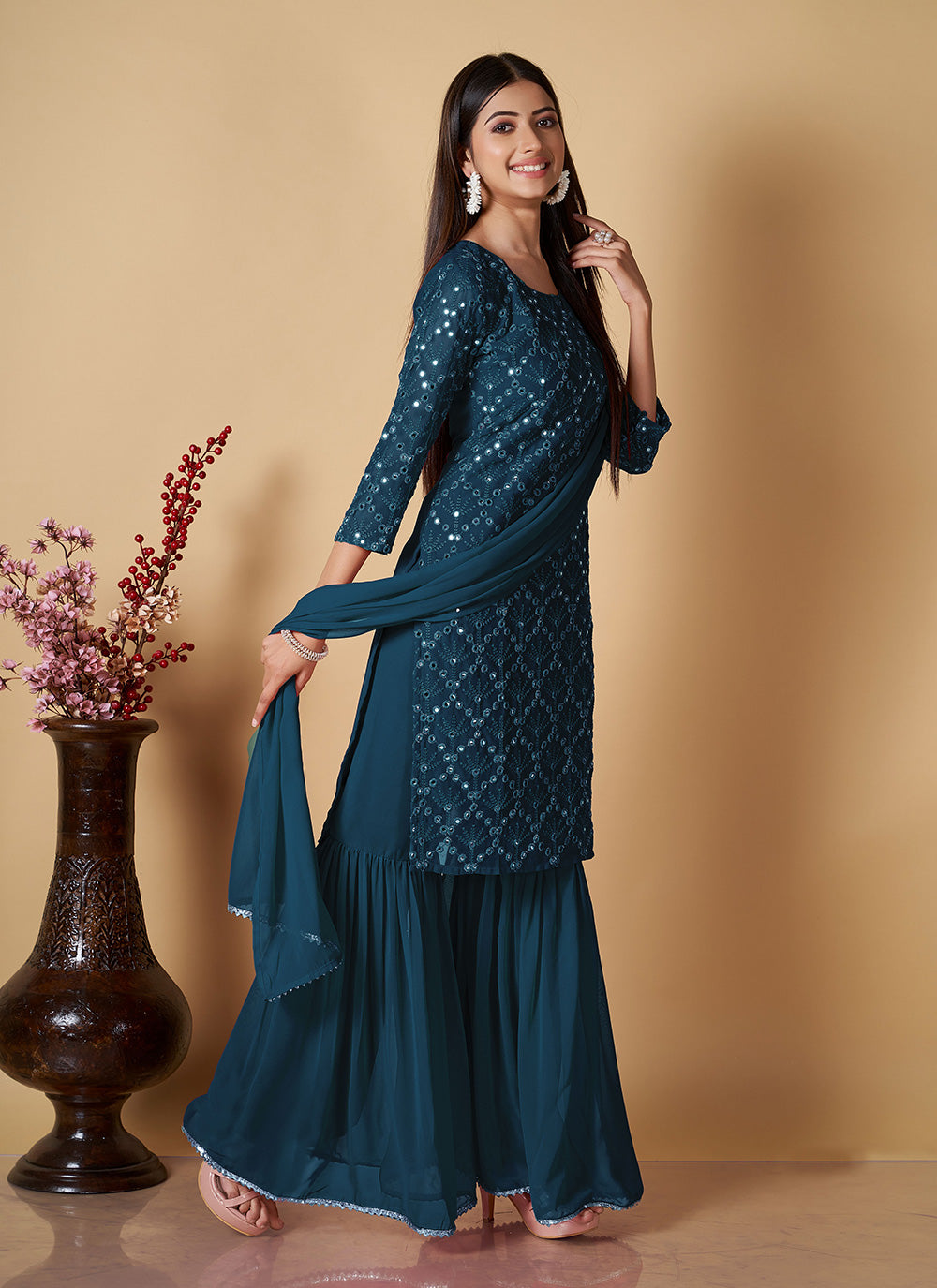 Sequins Georgette Teal Palazzo Suit