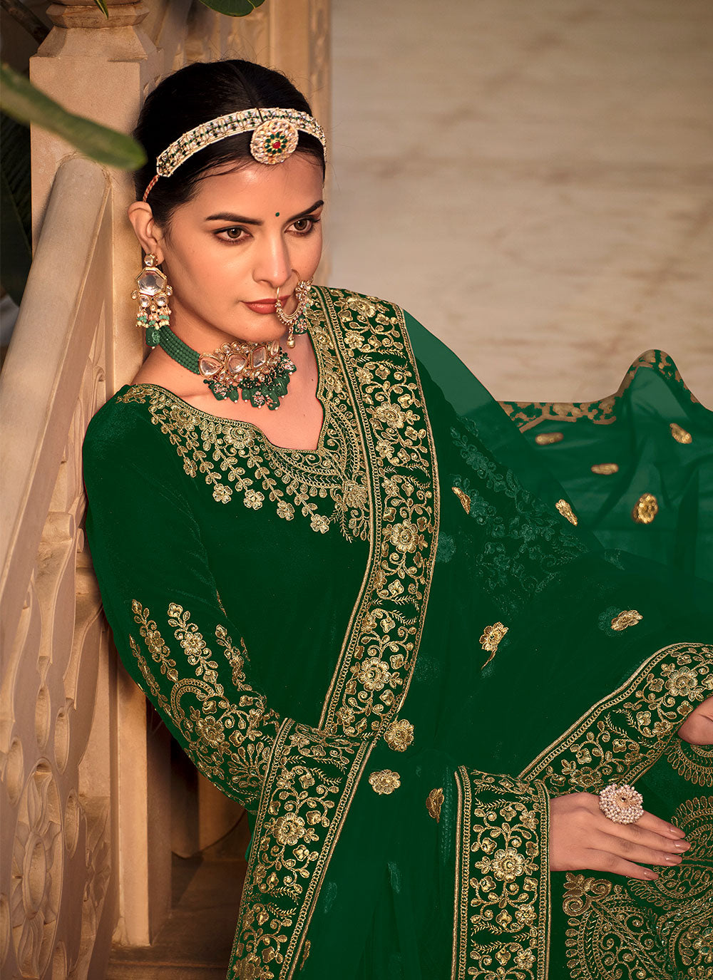 Embroidered Work Velvet Salwar Suit In Green