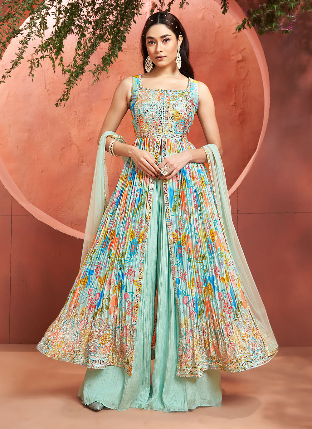 Silk Salwar Suit With Embroidered And Print Work