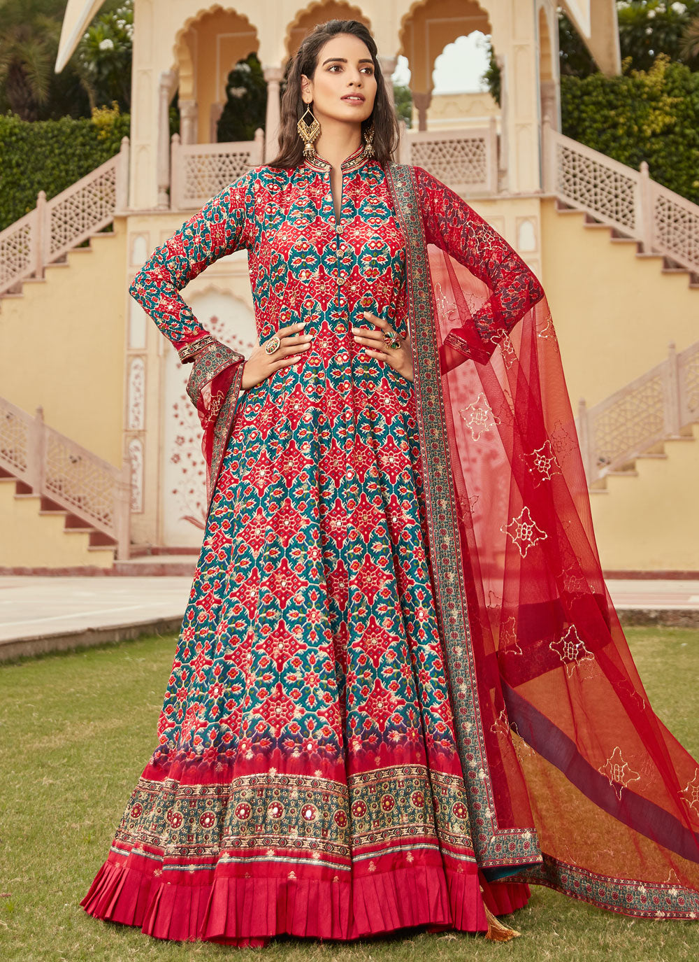 Multi Colour Jacquard Bandhej Work Designer Gown For Ceremonial