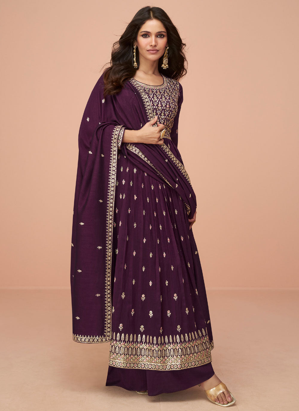 Purple Embroidered Work Silk Salwar Suit