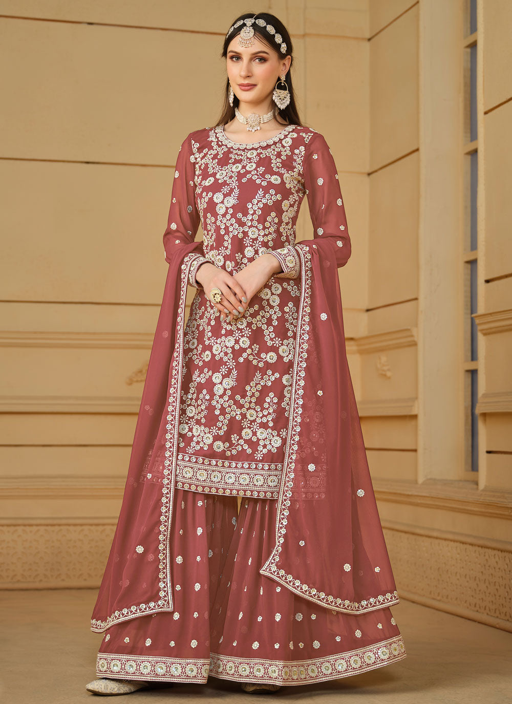 Pink Faux Georgette Salwar Suit With Embroidered And Sequins Work