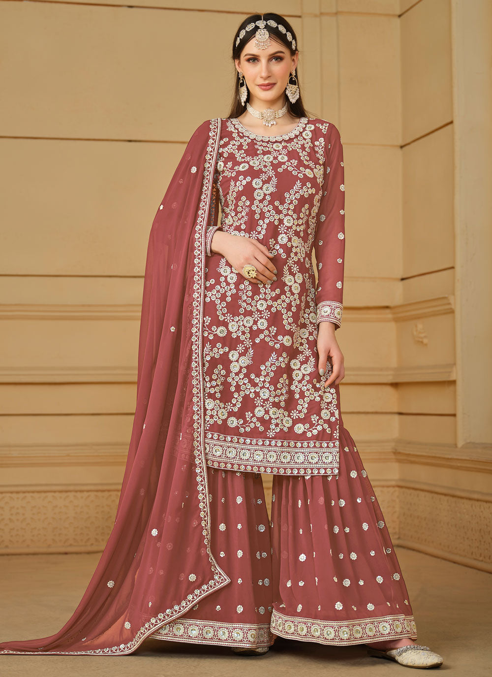 Pink Faux Georgette Salwar Suit With Embroidered And Sequins Work