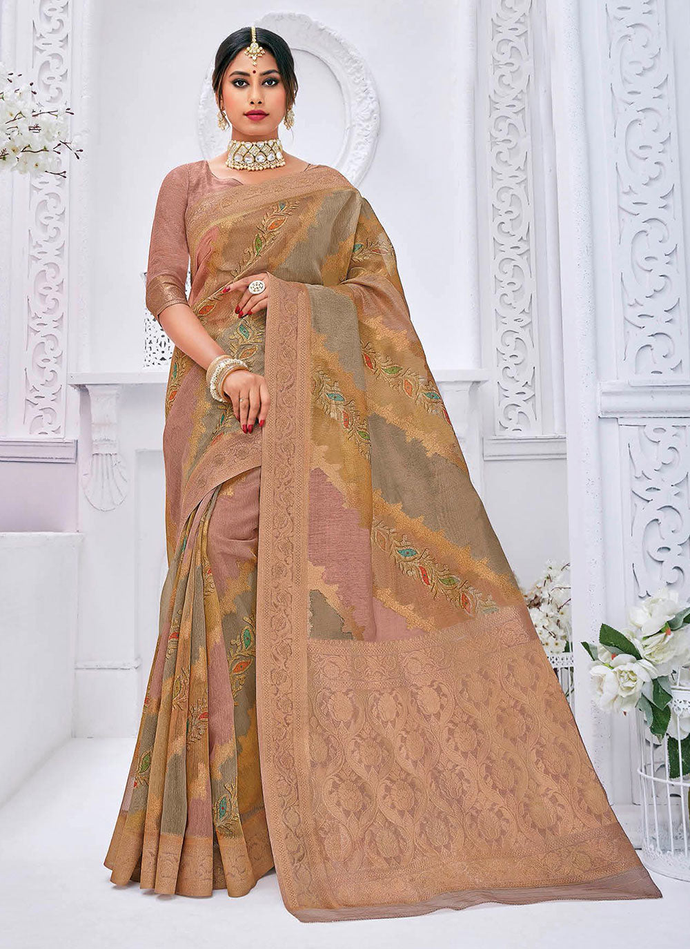Beige Silk Woven Work Classic Sari For Ceremonial