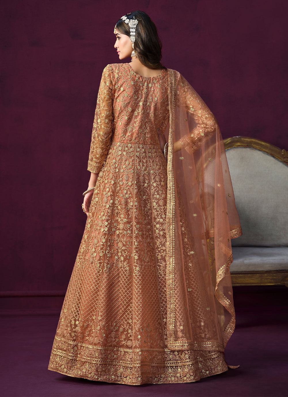 Orange Net Embroidered Work Anarkali Suit