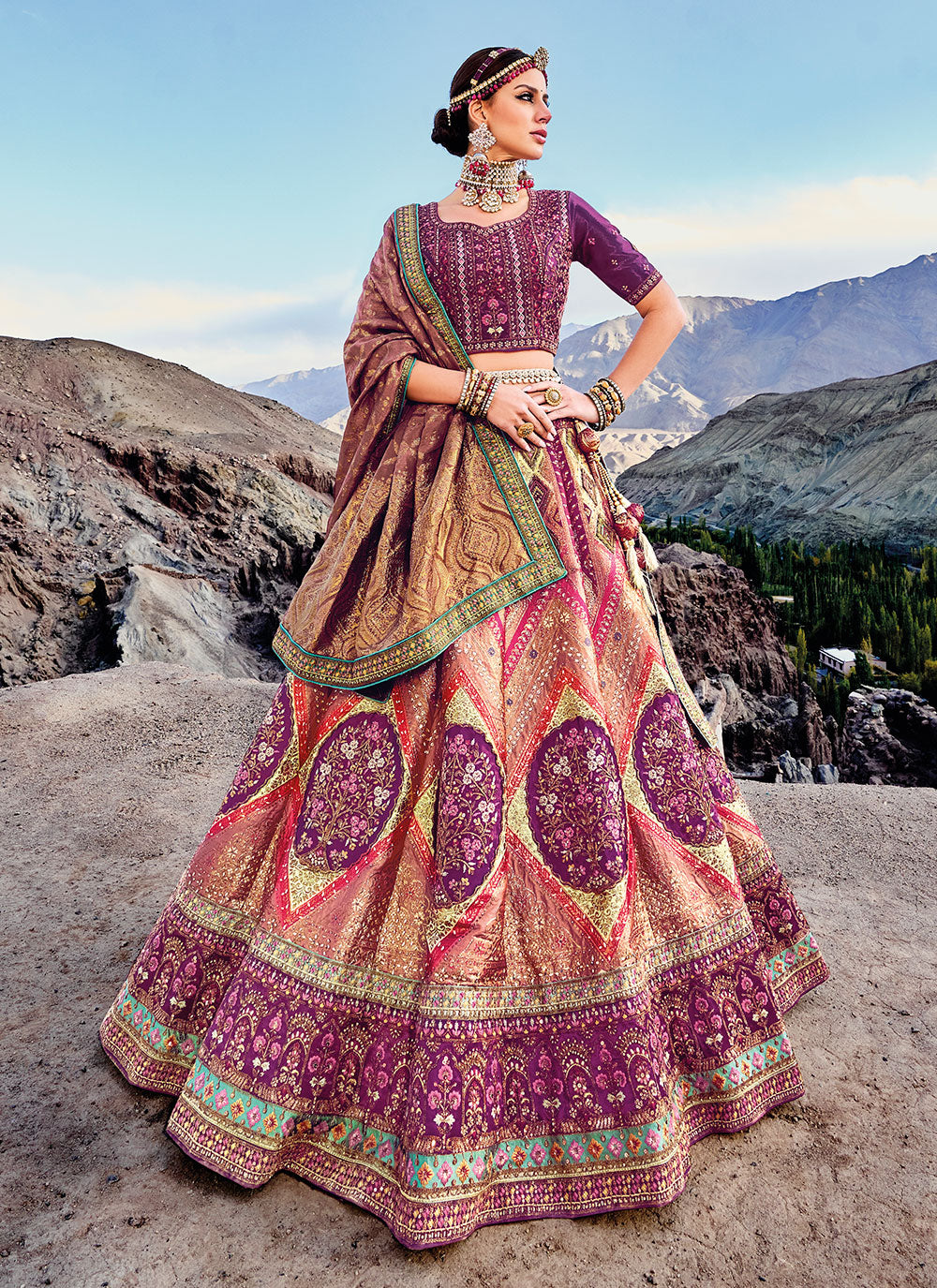 Multi Colour Banarasi Silk Embroidered, Resham, Sequins And Zari Work Lehenga Choli