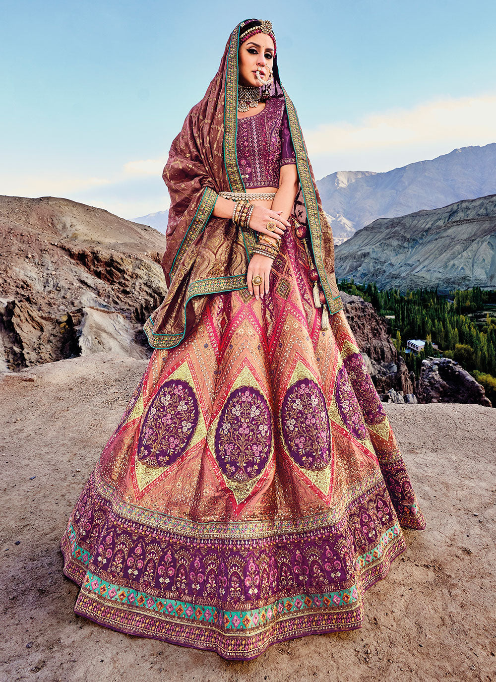 Multi Colour Banarasi Silk Embroidered, Resham, Sequins And Zari Work Lehenga Choli